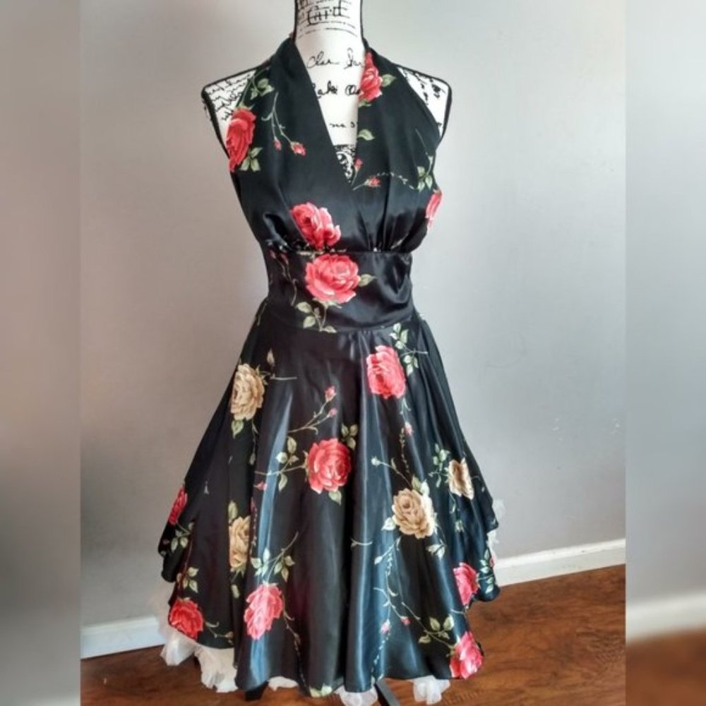 Vintage Inspired Black Rose Halter Dress Size S/M